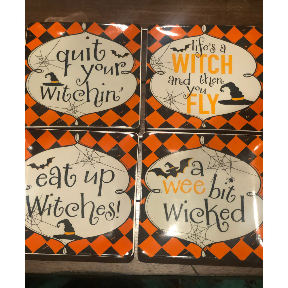 Vintage Pier One Halloween Appetizer Dessert Plates Set‎ Of 4 New in Box Witches